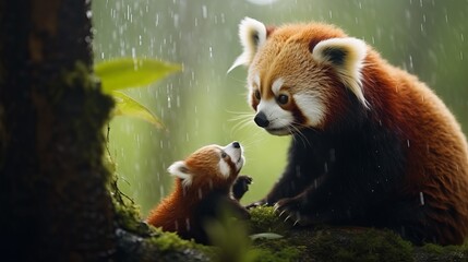 Red panda with his cub together in jungle, rare red panda and his baby loving moment