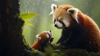 Poster Red panda with his cub together in jungle, rare red panda and his baby loving moment © NatureOpedia