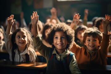 Group of children in a school setting, hands raised, eager to answer - Education and eagerness to learn  - AI Generated