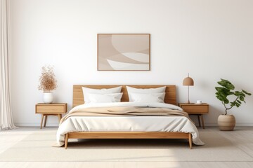 Minimalist Scandinavian bedroom design with white walls and wooden furniture - AI Generated