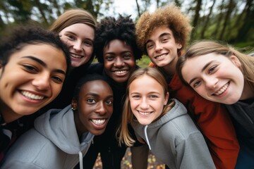 Fototapeta premium Teenagers from diverse backgrounds coming together in a huddle, showcasing unity - Diversity and unity - AI Generated