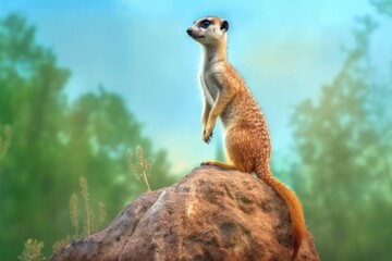 meerkat standing tall on a rock, scanning the surroundings
