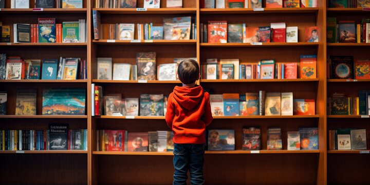 A child among the librarys shelves.  