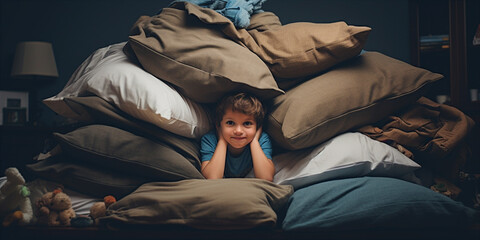 A child building a fort in the living room with blanket and pillows.  