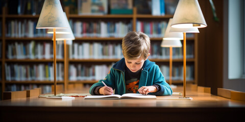 A child drawing a picture at a table in the library.  