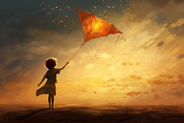 A child flying a kite.   - obrazy, fototapety, plakaty
