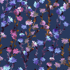 Imprints meadow flowers and herbs. Hand painted seamless pattern. Digital drawing and watercolor texture. background for textile decor and design. Botanical wallpaper. Mixed media. 