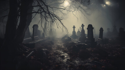 Amidst crumbling tombstones and ancient trees, fog drifts over a graveyard. Ethereal apparitions glide through the mist, evoking a sense of eerie beauty. 