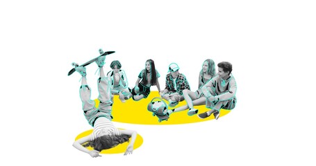 Teens, friends spending good time together, having fun and joy. Communication and leisure. Contemporary art collage. Concept of international youth day, youth culture, creative, holiday, freedom, ad