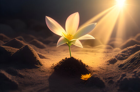 Create an image of a flower breaking through the soil and reaching towards the sunlight, symbolizing personal growth and potential © Rathnayakamudalige