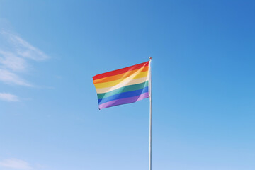 Flag waving in the blue sky in rainbow colors inspired by the LGBTQ community
