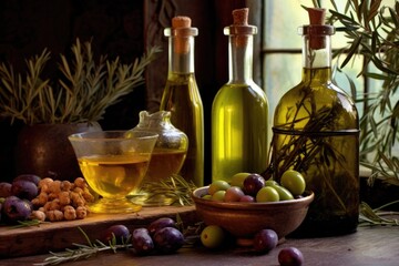 olive oil bottles with raw olives and branches in the background