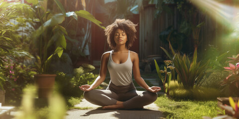 Young African American woman practicing yoga in a garden on a sunny day - 637895764