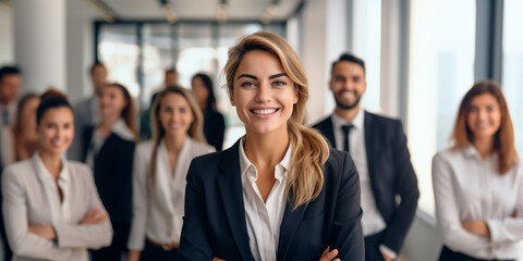 Business woman in an office with the team behind in the background - 637895793