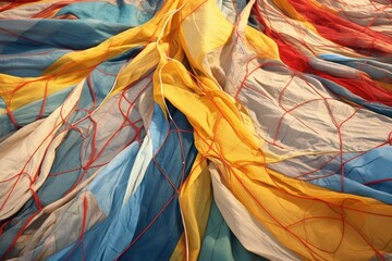 close-up of parachute fabric and lines tangled on ground