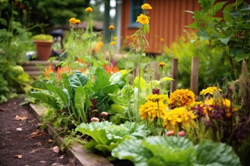 close-up of companion planting in a permaculture plot