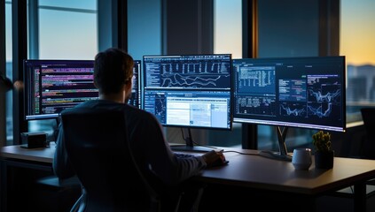Programmer working on multiple computer screens in dark office at night.