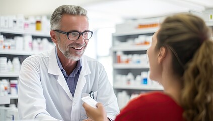Fototapeta na wymiar Portrait of smiling male pharmacist showing medicine to customer in pharmacy