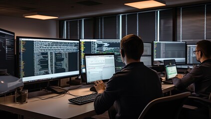 Programmers working on computers in a software developing company office late at night