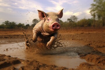pig splashing mud while running through a puddle