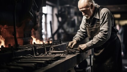 Fototapeta na wymiar Elderly jeweler working in his workshop. Blacksmiths workshop.