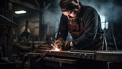 Fototapeta na wymiar A welder at work in a workshop. Metalworking industry.