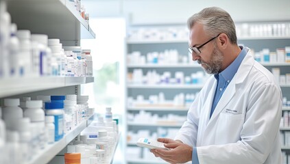 Portrait of a pharmacist standing in front of shelves with medicines