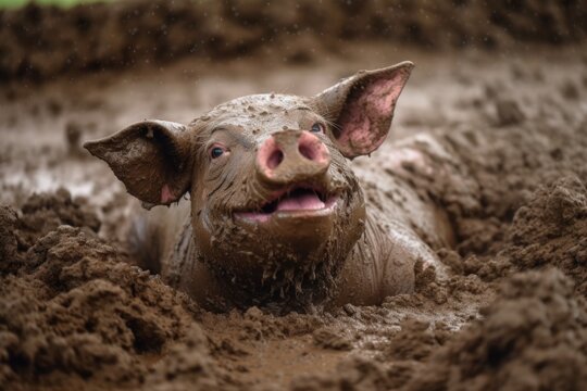 close-up of a pig happily rolling in mud