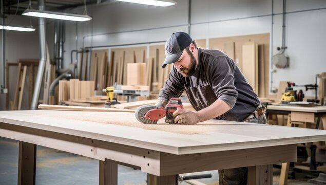 Carpenter using circular saw to cut wooden plank in a carpentry workshop