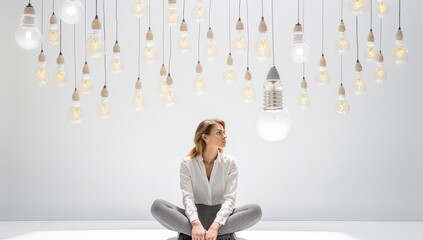 Young woman sitting cross legged in lotus pose and looking up