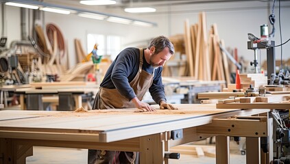 Carpenter working on his craft in a carpentry workshop.