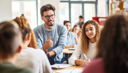 Group of students studying together in a classroom.