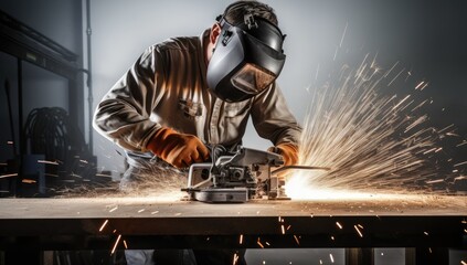 Industrial worker cutting metal with angle grinder. Sparks while grinding iron