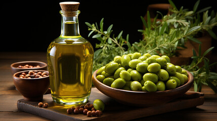 A bottle of olive oil next to a bunch of green olives.