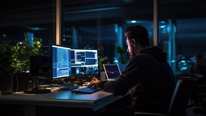 Fototapeta na wymiar Side view of hacker using computer while sitting in dark office at night