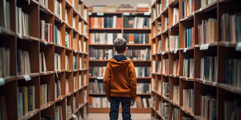 A child among the librarys shelves.  
