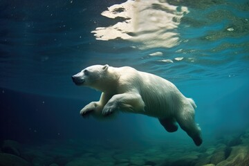 polar bear diving into icy water after prey - obrazy, fototapety, plakaty