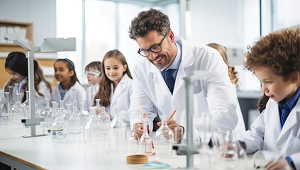 group of children in science class with teacher and microscope making test in laboratory