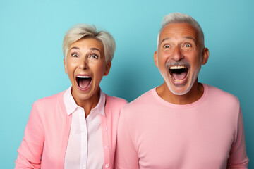 cheerful middle aged woman and her husband pensioner reacts on shocking news