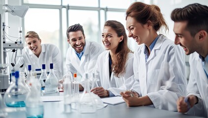 group of happy scientists working in lab with test tubes