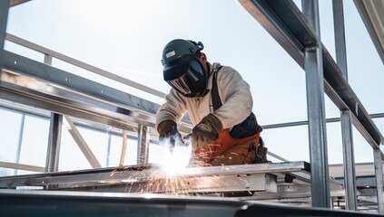 Worker in protective clothing and helmet welding metal on the roof of a building