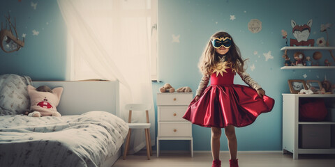 Child Playing Dress-up in their bedroom pretending superhero.  