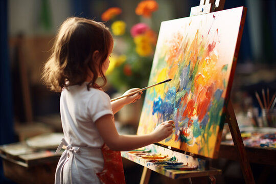 A child painting a picture in art class.  