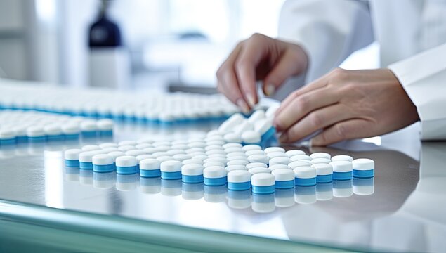 Close-up Of A Female Pharmacist Taking Pills From A Table