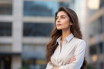 Fototapeta na wymiar Confident rich eastern indian business woman executive standing in modern big city looking and dreaming of future business success