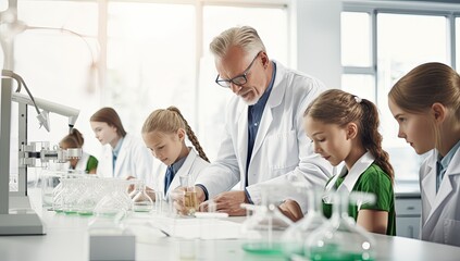 Fototapeta premium group of children and teacher with test tubes in chemistry class at school