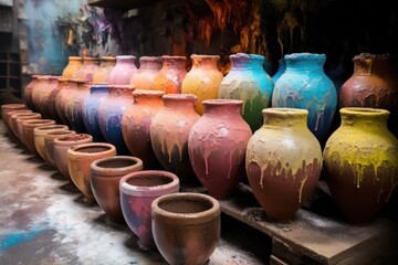 Fototapeta premium colorful glazes melting on pottery in a kiln