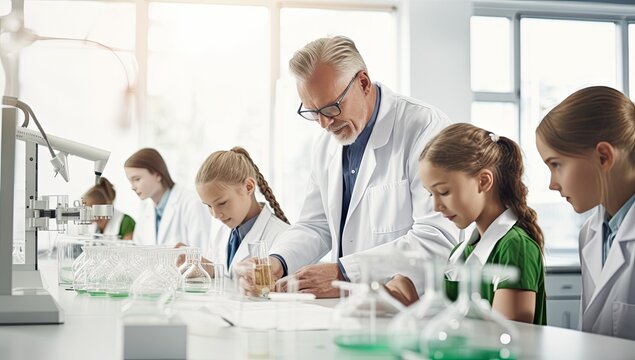 group of children and teacher with test tubes in chemistry class at school