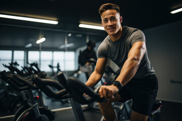 Fototapeta na wymiar Cycling for wellbeing: Young man smashing cardio goals with exercise bike