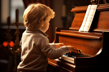 A Child Learning How To Play a Musical Instrument..   - obrazy, fototapety, plakaty